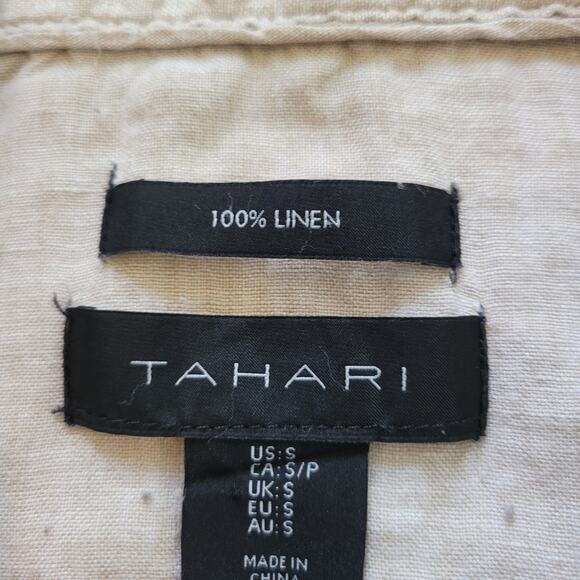 Tahari Size S	100% Linen Light Tan Long Sleeve Crop Button Up Top Collared - Picture 7 of 8